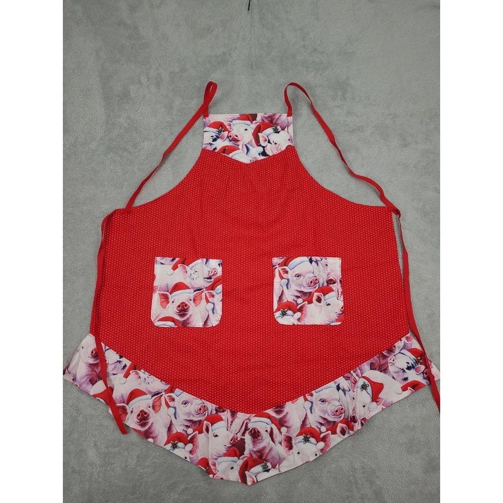Handmade Apron Pigs In Christmas Santa Hat Poka‎ Dots Adjustable